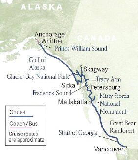 Cruise Alaska,  Coastal Odyssey Cruise Vancouver, B.C. to Anchorage, Alaska or reverse.