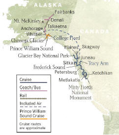Cruise Alaska, Inside Passage Cruise plus Denali National Park and Prince William Sound Cruise Fairbanks to Ketchikan, Alaska or reverse.
