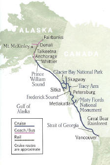 Cruise Alaska, Coastal Odyssey Cruise plus Denali National Park Tour ,Vancouver, B.C. to Anchorage, Alaska or reverse.