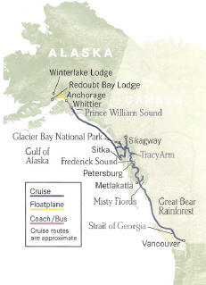 Cruise Alaska,  Coastal Odyssey Cruise plus Extraordinary Wilderness Lodge ,Vancouver, B.C. to Anchorage, Alaska or reverse.