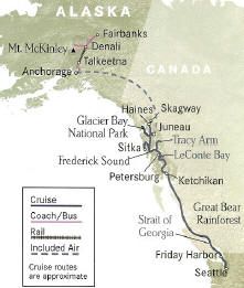 Cruise Alaska Gold Rush Inside Passage Cruise plus Denali National Park Seattle to Fairbanks or reverse.