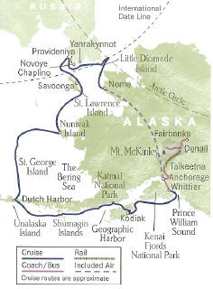Cruise Alaska, Voyage to the Bering Sea Cruise plus Denali National Park  round trip from Anchorage, Alaska.